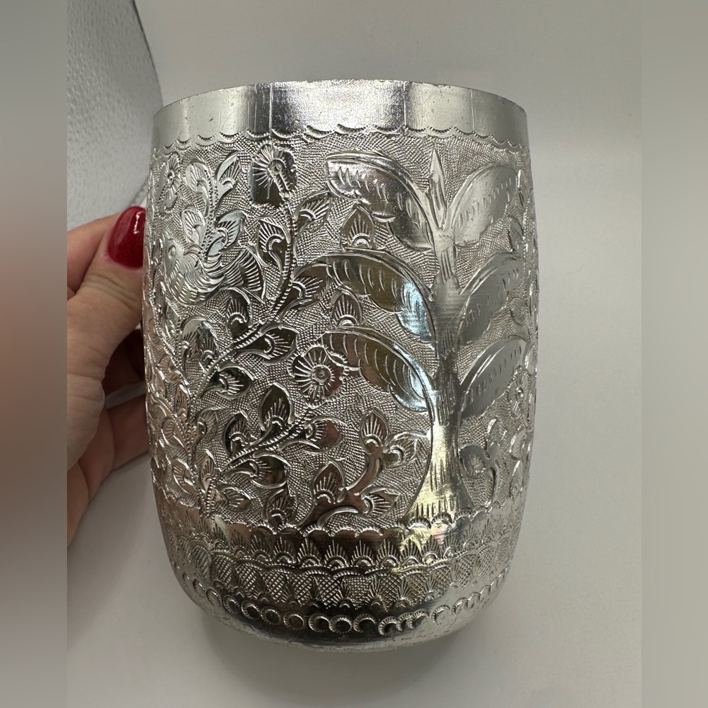 Vintage 9 cm‎ Intricate Floral Palm Tree Aluminum Mug with Handle
